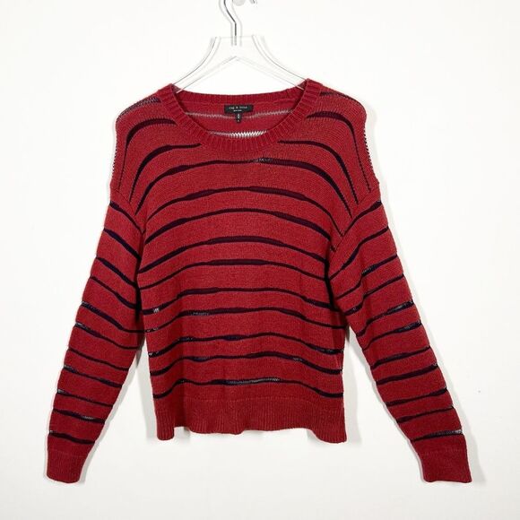 Rag & Bone Women’s Size Medium Red Blue Striped Penn Burgundy Crewneck Sweater - Picture 8 of 14
